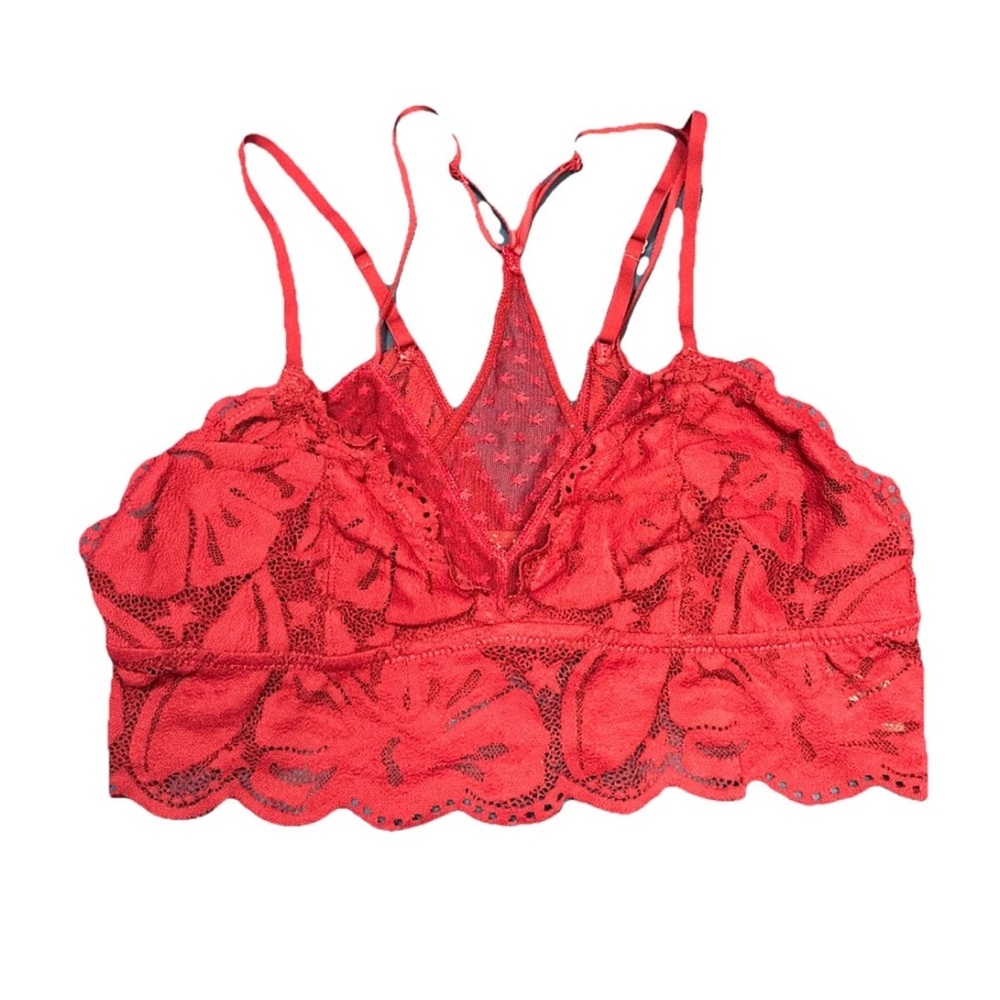 Aerie Bralette Womens M Dark Cherry Red Floral Lace & Star Mesh Double Layer